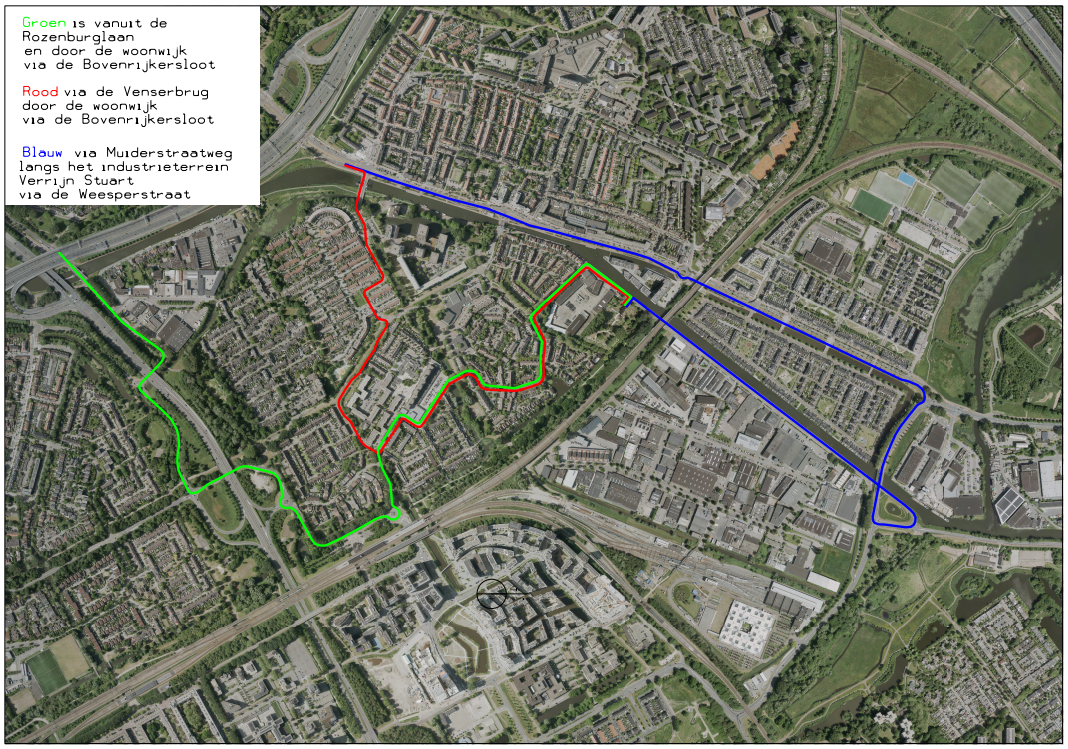 Bereikbaarheid begraafplaats Rustoord: de groene route loopt vanuit de Rozenburglaan en door de woonwijk via de Bovenrijkersloot. De rode route loopt via de Venserbrug door de woonwijk via de Bovenrijkersloot. De blauwe route gaat via de Muiderstraatweg en langs het industrie terrein Verrijn Stuart via de Weesperstraat.