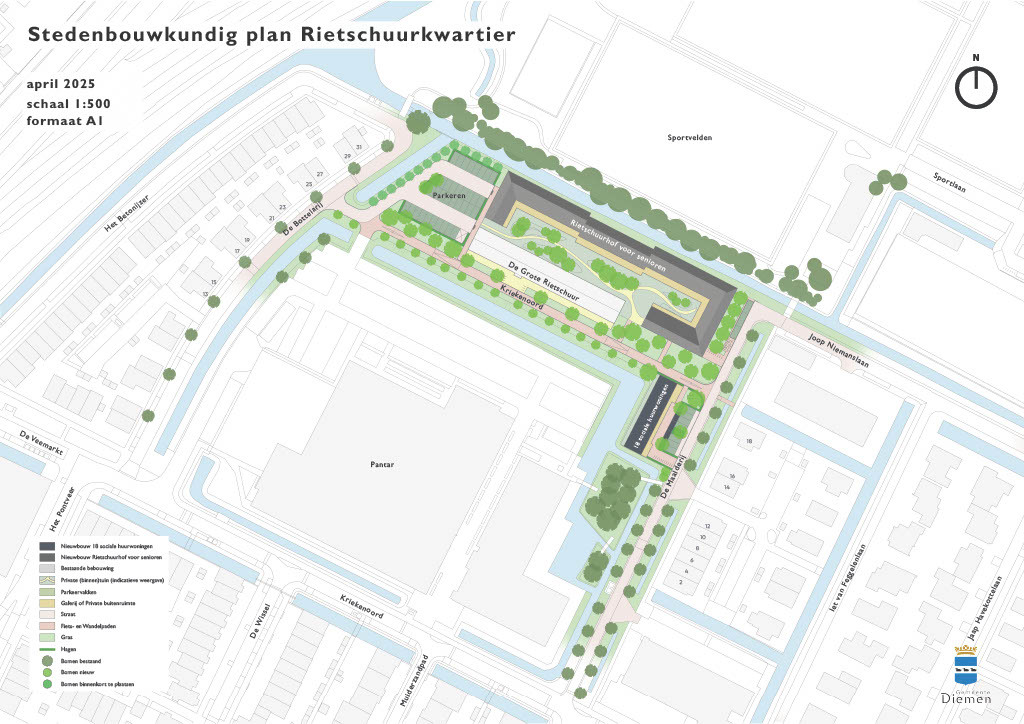 Plankaart Rietschuurkwartier met de plannen voor de nieuwbouw met 18 sociale huurwoningen, nieuwbouw seniorenwoningen en nieuwe beplanting